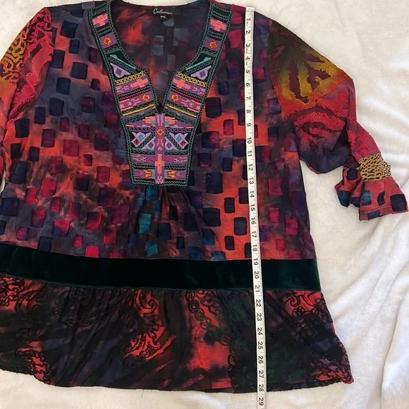 Caleaas boho style multicolor mix media tunic length 3/4 sleeve top - Picture 14 of 16